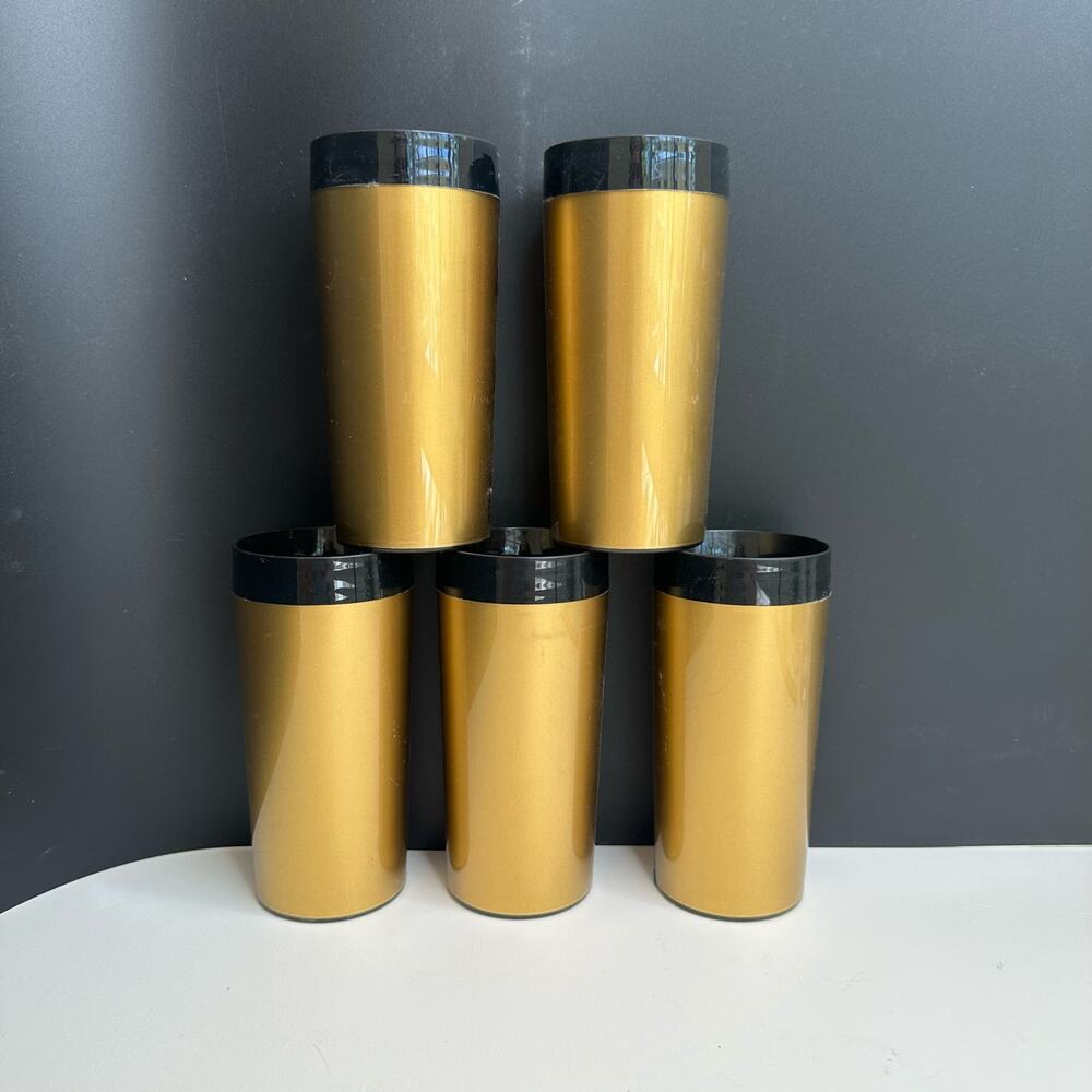 Vtg Thermo-Serv Drinking Tumbler Cup Insulated Gold Mid Century Set/5